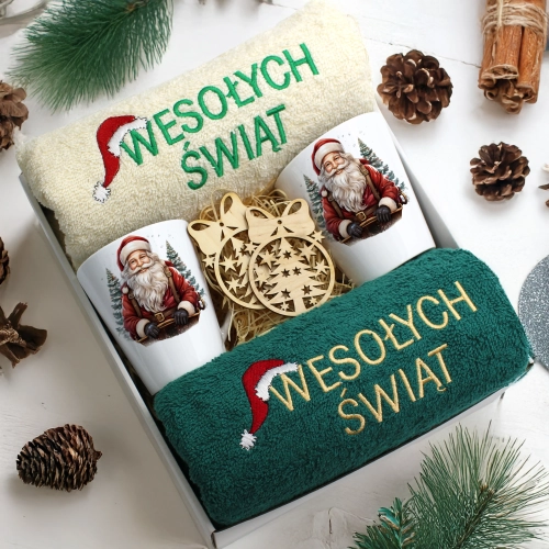 ZESTAW PREZENT ŚWIĄTECZNY KOMPLET KUBKI LATTE RĘCZNIKI ŚWIĘTA MIKOŁAJ