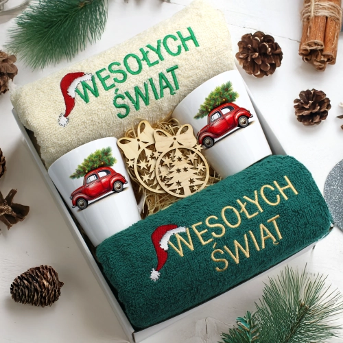 ZESTAW PREZENT ŚWIĄTECZNY KOMPLET KUBKI LATTE RĘCZNIKI ŚWIĘTA MIKOŁAJ