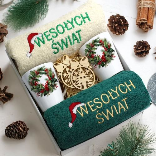 ZESTAW PREZENT ŚWIĄTECZNY KOMPLET KUBKI LATTE RĘCZNIKI ŚWIĘTA MIKOŁAJ