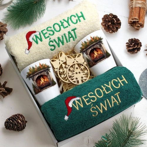 ZESTAW PREZENT ŚWIĄTECZNY KOMPLET KUBKI LATTE RĘCZNIKI ŚWIĘTA MIKOŁAJ