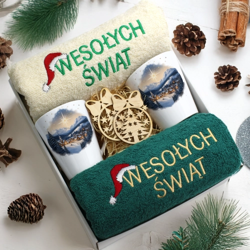 ZESTAW PREZENT ŚWIĄTECZNY KOMPLET KUBKI LATTE RĘCZNIKI ŚWIĘTA MIKOŁAJ