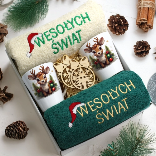 ZESTAW PREZENT ŚWIĄTECZNY KOMPLET KUBKI LATTE RĘCZNIKI ŚWIĘTA MIKOŁAJ