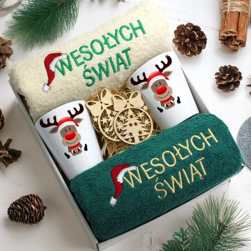 ZESTAW PREZENT ŚWIĄTECZNY KOMPLET KUBKI LATTE RĘCZNIKI ŚWIĘTA MIKOŁAJ