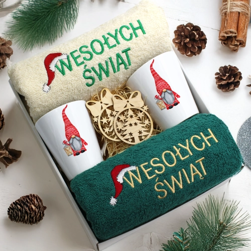 ZESTAW PREZENT ŚWIĄTECZNY KOMPLET KUBKI LATTE RĘCZNIKI ŚWIĘTA MIKOŁAJ