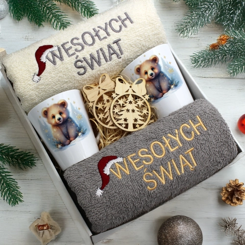 ZESTAW PREZENT ŚWIĄTECZNY KOMPLET KUBKI LATTE RĘCZNIKI ŚWIĘTA MIKOŁAJ