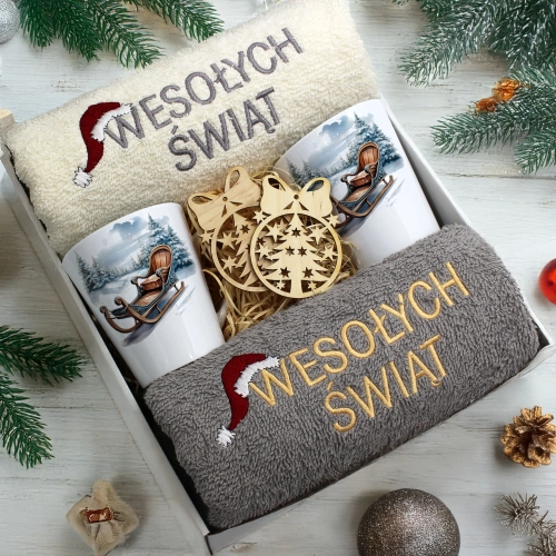 ZESTAW PREZENT ŚWIĄTECZNY KOMPLET KUBKI LATTE RĘCZNIKI ŚWIĘTA MIKOŁAJ