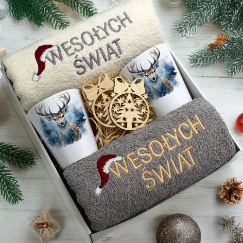 ZESTAW PREZENT ŚWIĄTECZNY KOMPLET KUBKI LATTE RĘCZNIKI ŚWIĘTA MIKOŁAJ