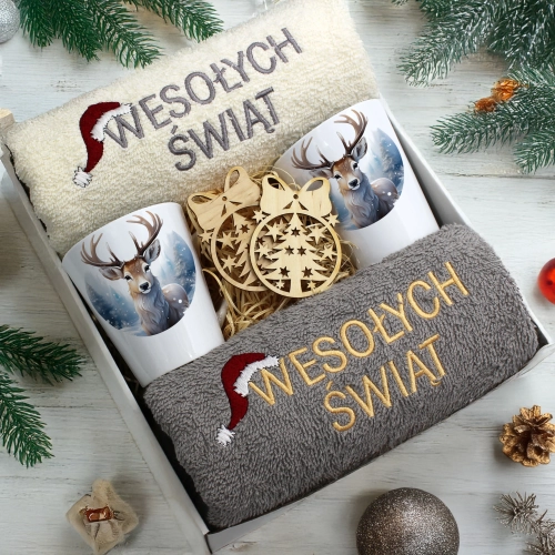 ZESTAW PREZENT ŚWIĄTECZNY KOMPLET KUBKI LATTE RĘCZNIKI ŚWIĘTA MIKOŁAJ