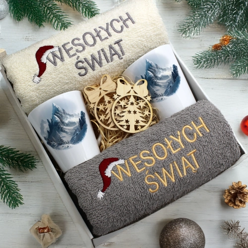 ZESTAW PREZENT ŚWIĄTECZNY KOMPLET KUBKI LATTE RĘCZNIKI ŚWIĘTA MIKOŁAJ
