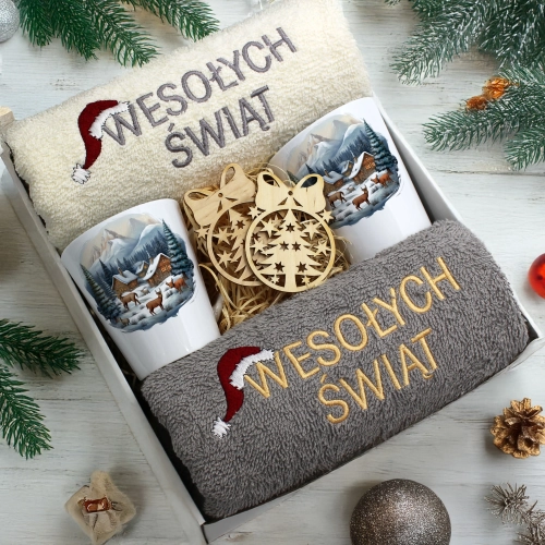 ZESTAW PREZENT ŚWIĄTECZNY KOMPLET KUBKI LATTE RĘCZNIKI ŚWIĘTA MIKOŁAJ