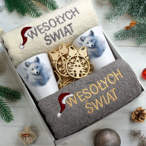 ZESTAW PREZENT ŚWIĄTECZNY KOMPLET KUBKI LATTE RĘCZNIKI ŚWIĘTA MIKOŁAJ