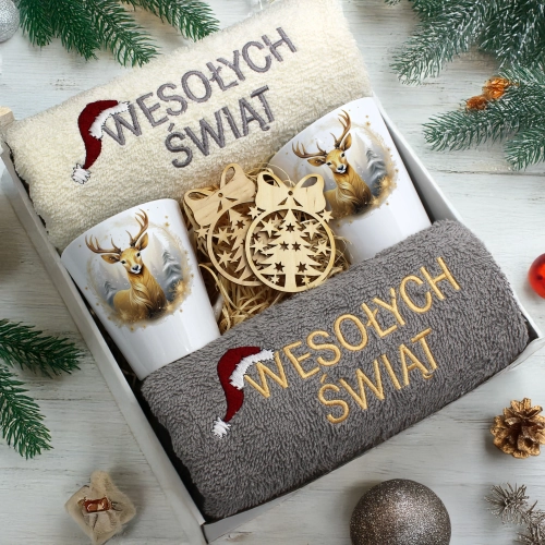 ZESTAW PREZENT ŚWIĄTECZNY KOMPLET KUBKI LATTE RĘCZNIKI ŚWIĘTA MIKOŁAJ