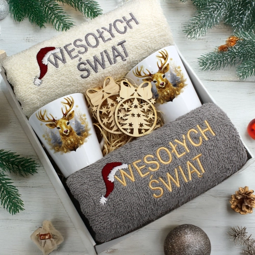 ZESTAW PREZENT ŚWIĄTECZNY KOMPLET KUBKI LATTE RĘCZNIKI ŚWIĘTA MIKOŁAJ