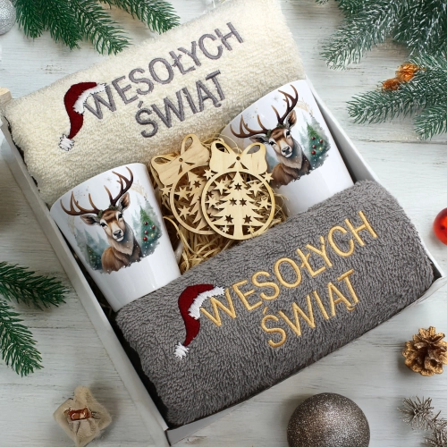 ZESTAW PREZENT ŚWIĄTECZNY KOMPLET KUBKI LATTE RĘCZNIKI ŚWIĘTA MIKOŁAJ