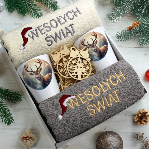 ZESTAW PREZENT ŚWIĄTECZNY KOMPLET KUBKI LATTE RĘCZNIKI ŚWIĘTA MIKOŁAJ