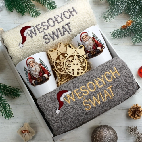 ZESTAW PREZENT ŚWIĄTECZNY KOMPLET KUBKI LATTE RĘCZNIKI ŚWIĘTA MIKOŁAJ