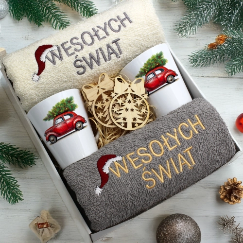 ZESTAW PREZENT ŚWIĄTECZNY KOMPLET KUBKI LATTE RĘCZNIKI ŚWIĘTA MIKOŁAJ