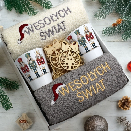 ZESTAW PREZENT ŚWIĄTECZNY KOMPLET KUBKI LATTE RĘCZNIKI ŚWIĘTA MIKOŁAJ