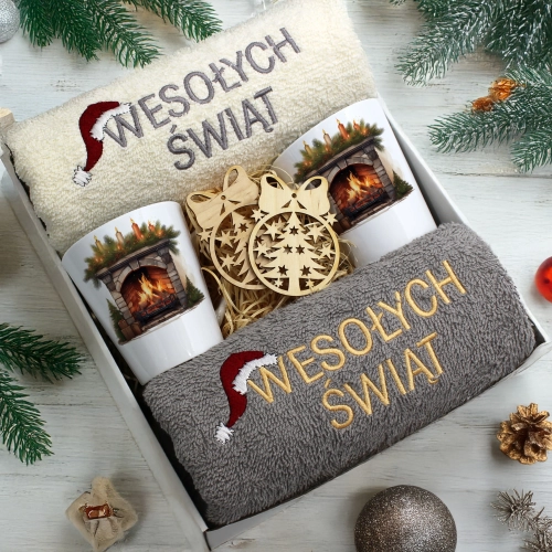 ZESTAW PREZENT ŚWIĄTECZNY KOMPLET KUBKI LATTE RĘCZNIKI ŚWIĘTA MIKOŁAJ