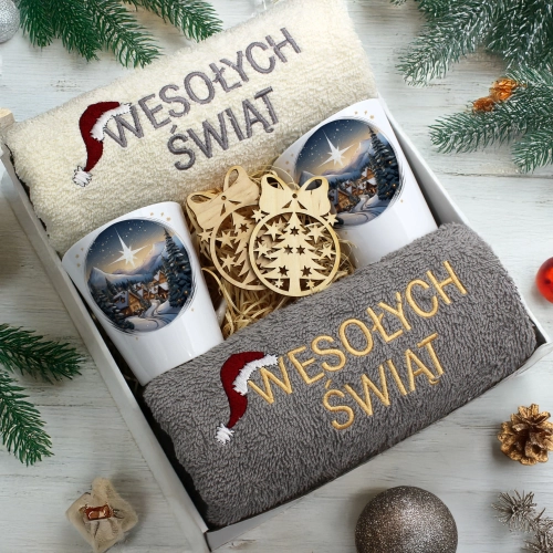 ZESTAW PREZENT ŚWIĄTECZNY KOMPLET KUBKI LATTE RĘCZNIKI ŚWIĘTA MIKOŁAJ