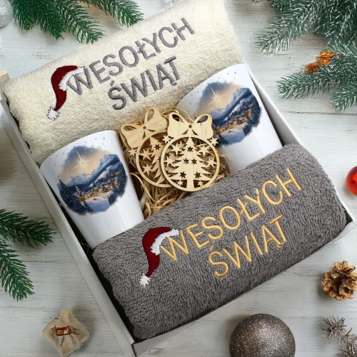 ZESTAW PREZENT ŚWIĄTECZNY KOMPLET KUBKI LATTE RĘCZNIKI ŚWIĘTA MIKOŁAJ
