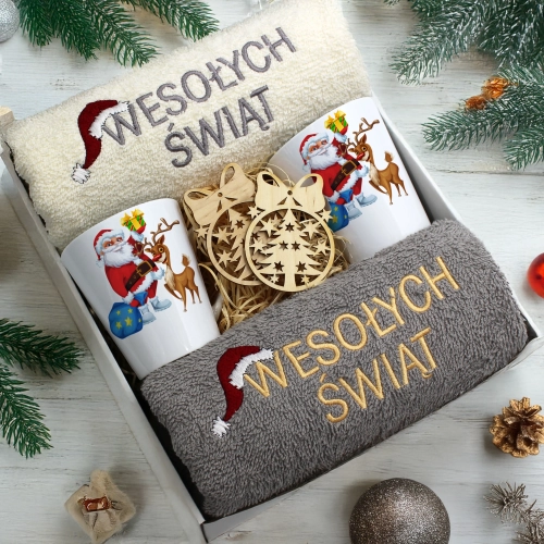 ZESTAW PREZENT ŚWIĄTECZNY KOMPLET KUBKI LATTE RĘCZNIKI ŚWIĘTA MIKOŁAJ