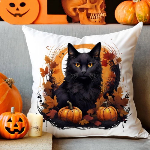 POSZEWKA DEKORACYJNA 40x40 JASIEK OZDOBNA HALLOWEENOWA HALLOWEEN DYNIA CZARNY KOT NIETOPERZE