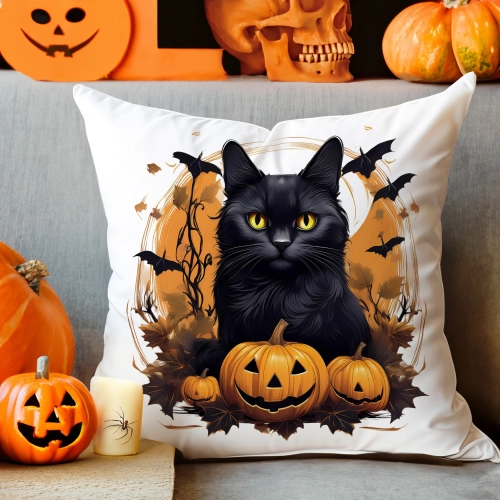 POSZEWKA DEKORACYJNA 40x40 JASIEK OZDOBNA HALLOWEENOWA HALLOWEEN DYNIA CZARNY KOT NIETOPERZE