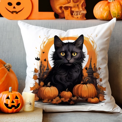 POSZEWKA DEKORACYJNA 40x40 JASIEK OZDOBNA HALLOWEENOWA HALLOWEEN DYNIA CZARNY KOT NIETOPERZE