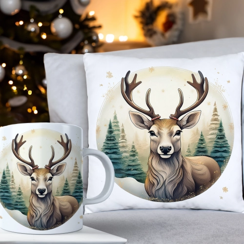 ŚWIĄTECZNY KOMPLET PODUSZKA 40x40 I KUBEK NA ŚWIĘTA MIKOŁAJ RENIFER PREZENT