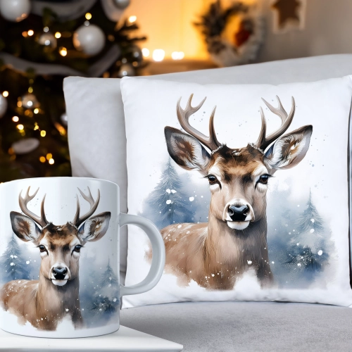 ŚWIĄTECZNY KOMPLET PODUSZKA 40x40 I KUBEK NA ŚWIĘTA MIKOŁAJ RENIFER PREZENT