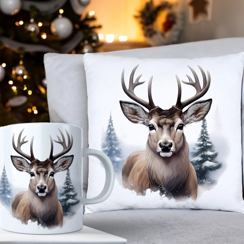 ŚWIĄTECZNY KOMPLET PODUSZKA 40x40 I KUBEK NA ŚWIĘTA MIKOŁAJ RENIFER PREZENT