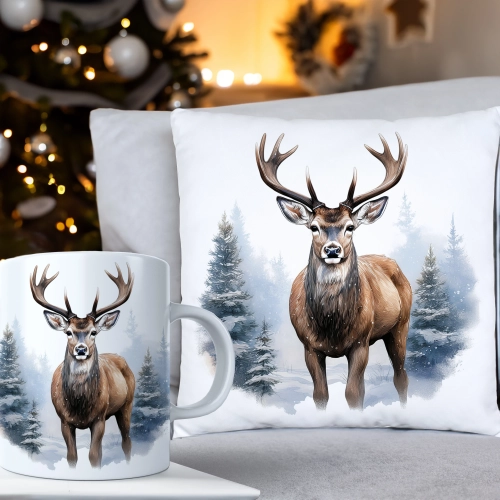 ŚWIĄTECZNY KOMPLET PODUSZKA 40x40 I KUBEK NA ŚWIĘTA MIKOŁAJ RENIFER PREZENT