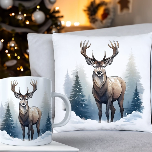 ŚWIĄTECZNY KOMPLET PODUSZKA 40x40 I KUBEK NA ŚWIĘTA MIKOŁAJ RENIFER PREZENT
