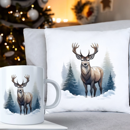 ŚWIĄTECZNY KOMPLET PODUSZKA 40x40 I KUBEK NA ŚWIĘTA MIKOŁAJ RENIFER PREZENT