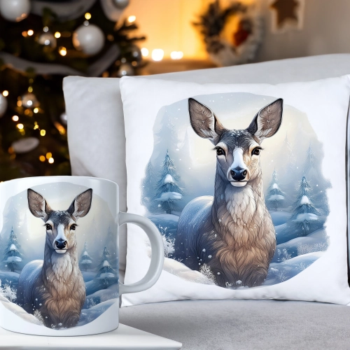 ŚWIĄTECZNY KOMPLET PODUSZKA 40x40 I KUBEK NA ŚWIĘTA MIKOŁAJ RENIFER PREZENT