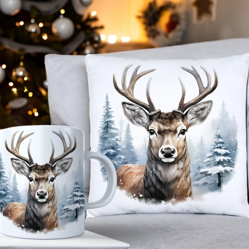 ŚWIĄTECZNY KOMPLET PODUSZKA 40x40 I KUBEK NA ŚWIĘTA MIKOŁAJ RENIFER PREZENT