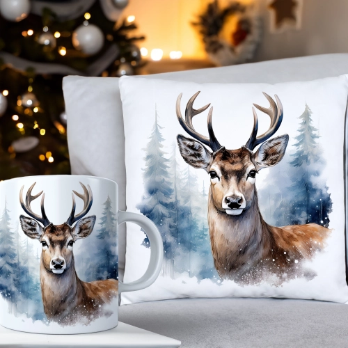 ŚWIĄTECZNY KOMPLET PODUSZKA 40x40 I KUBEK NA ŚWIĘTA MIKOŁAJ RENIFER PREZENT