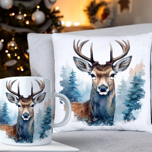 ŚWIĄTECZNY KOMPLET PODUSZKA 40x40 I KUBEK NA ŚWIĘTA MIKOŁAJ RENIFER PREZENT