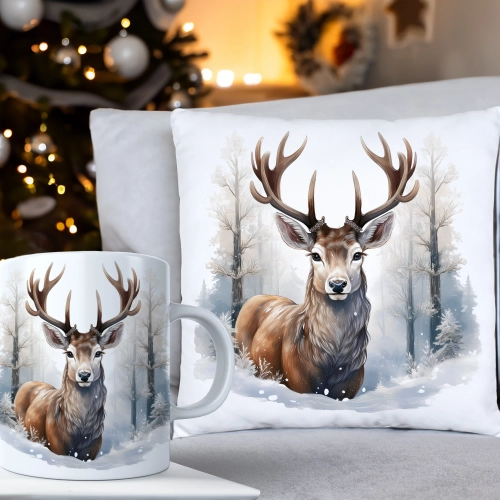 ŚWIĄTECZNY KOMPLET PODUSZKA 40x40 I KUBEK NA ŚWIĘTA MIKOŁAJ RENIFER PREZENT