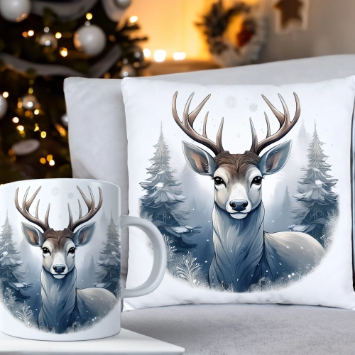 ŚWIĄTECZNY KOMPLET PODUSZKA 40x40 I KUBEK NA ŚWIĘTA MIKOŁAJ RENIFER PREZENT