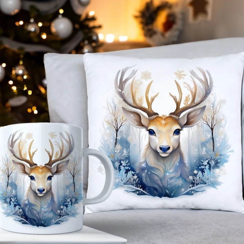 ŚWIĄTECZNY KOMPLET PODUSZKA 40x40 I KUBEK NA ŚWIĘTA MIKOŁAJ RENIFER PREZENT