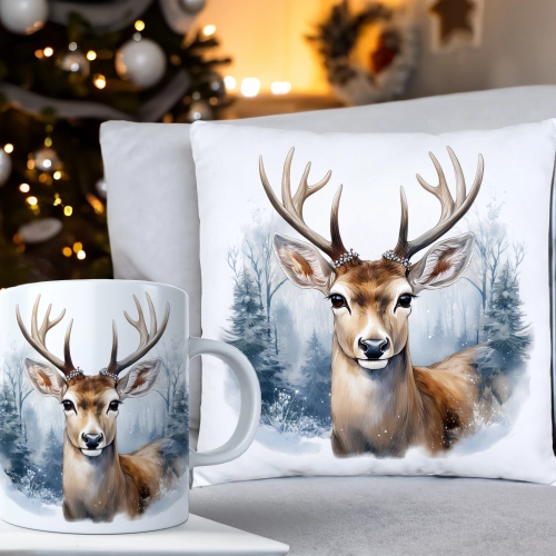 ŚWIĄTECZNY KOMPLET PODUSZKA 40x40 I KUBEK NA ŚWIĘTA MIKOŁAJ RENIFER PREZENT
