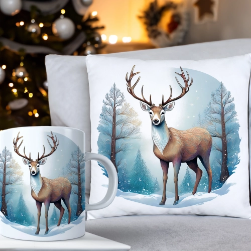 ŚWIĄTECZNY KOMPLET PODUSZKA 40x40 I KUBEK NA ŚWIĘTA MIKOŁAJ RENIFER PREZENT