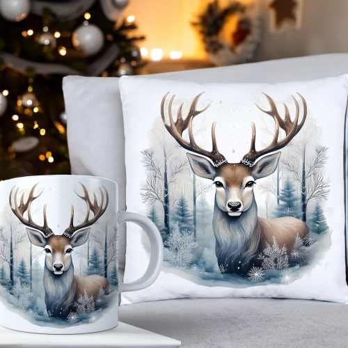 ŚWIĄTECZNY KOMPLET PODUSZKA 40x40 I KUBEK NA ŚWIĘTA MIKOŁAJ RENIFER PREZENT