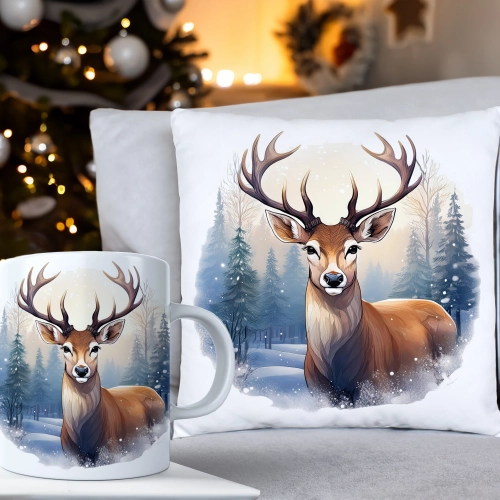 ŚWIĄTECZNY KOMPLET PODUSZKA 40x40 I KUBEK NA ŚWIĘTA MIKOŁAJ RENIFER PREZENT