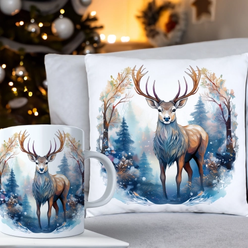 ŚWIĄTECZNY KOMPLET PODUSZKA 40x40 I KUBEK NA ŚWIĘTA MIKOŁAJ RENIFER PREZENT