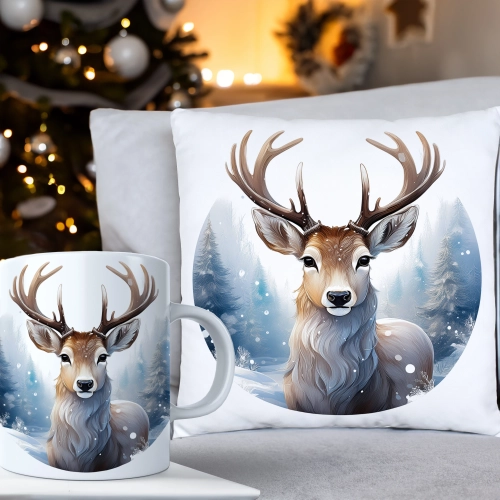 ŚWIĄTECZNY KOMPLET PODUSZKA 40x40 I KUBEK NA ŚWIĘTA MIKOŁAJ RENIFER PREZENT