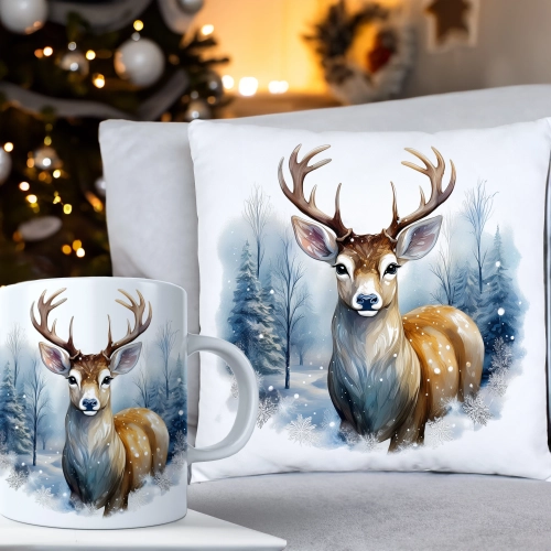 ŚWIĄTECZNY KOMPLET PODUSZKA 40x40 I KUBEK NA ŚWIĘTA MIKOŁAJ RENIFER PREZENT