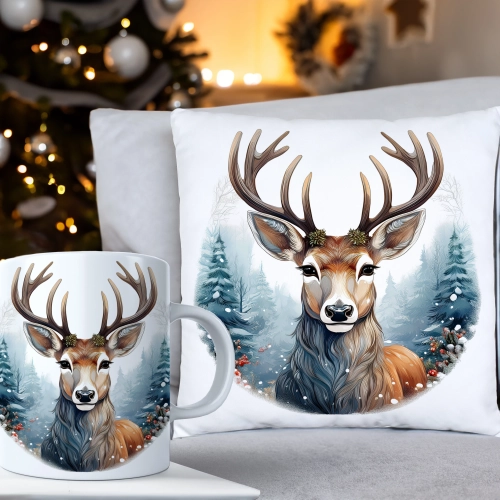 ŚWIĄTECZNY KOMPLET PODUSZKA 40x40 I KUBEK NA ŚWIĘTA MIKOŁAJ RENIFER PREZENT